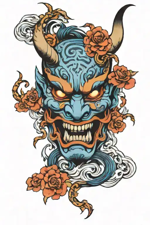 Oni Mask Blue And Black With Gemini Zodiac Sign In The Eye