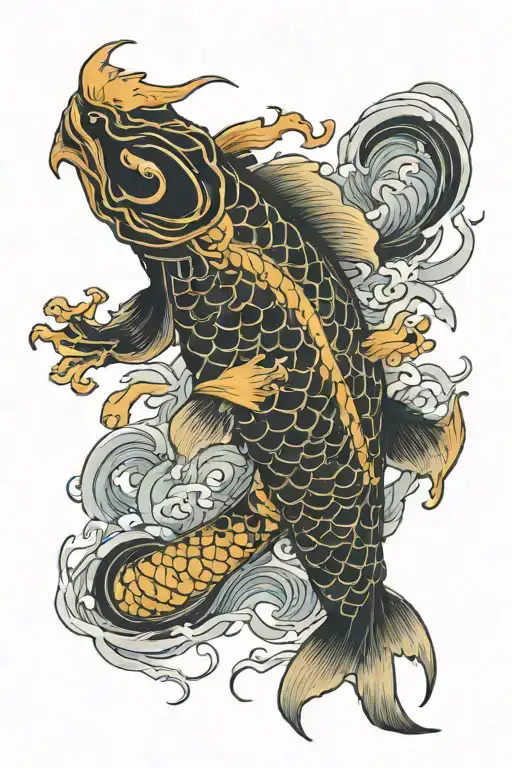 Koi Fish Tranforming Into A Dragon Wrapped In Color Black And Gold
