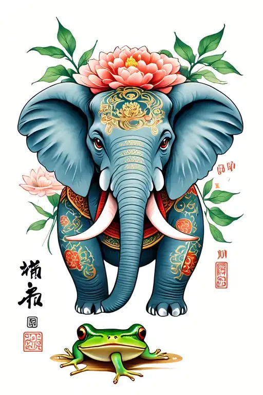 Elephant And Frog Asian Style Tattoo Design