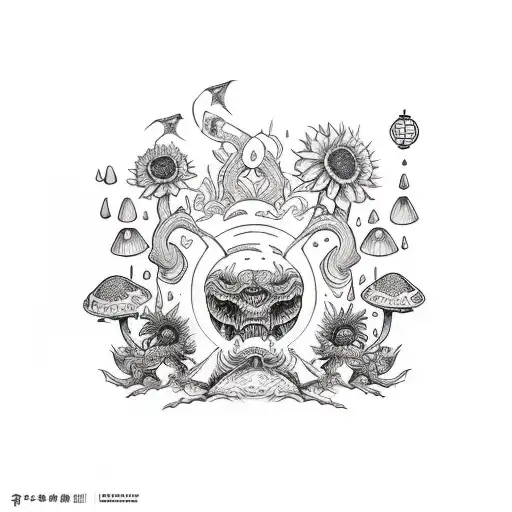 Half Sleeve With Toadstools And Sunflowers And A Samurai In Colour