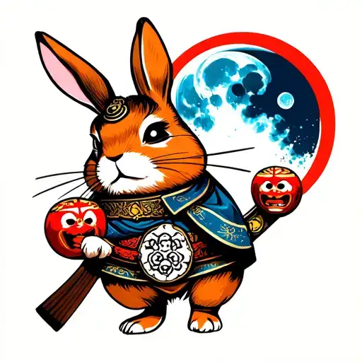 Japanese Samurai Rabbit With Daruma And Blue Moon