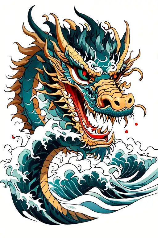 Dragon With Oni Mask Surrounded And Waves Crashing