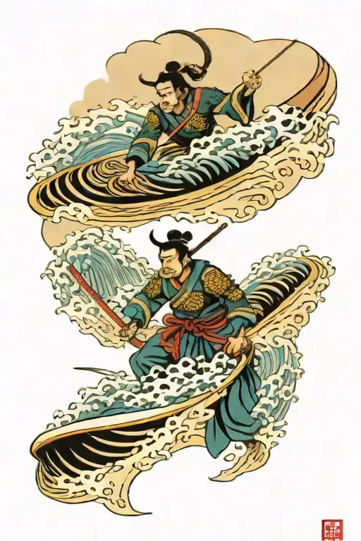 Surfing Samurai Warrior On A Huge Wave