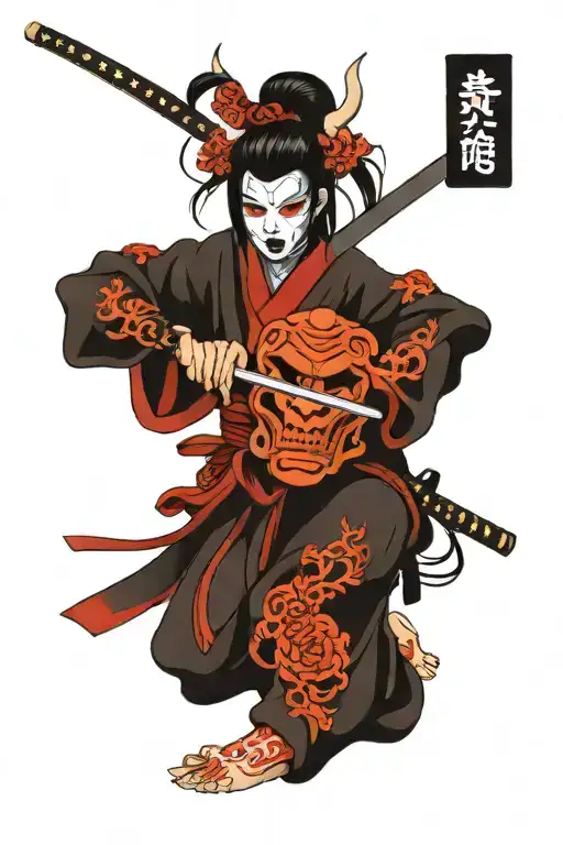 Female Samurai With Oni Mask And Katana