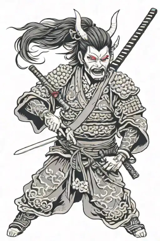 Female Samurai With Oni Mask And Katana Only Face