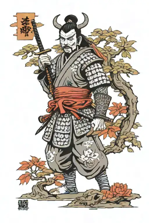 Samurai Warrior Looking Forward With Half Oni Mask And Bonsai Tree In Background