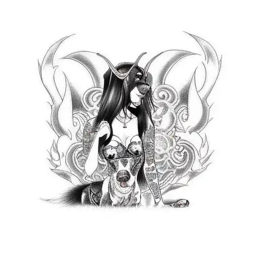 A Gothic Sexy Succubus Holding A Doberman Dog