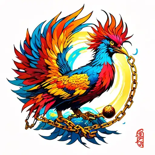 Colourful Phoenix With Broken Chains And A Ball Of Light