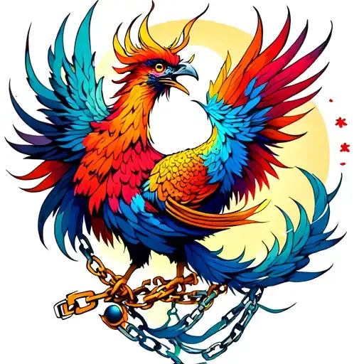 Colourful Phoenix With Broken Chains And A Ball Of Light