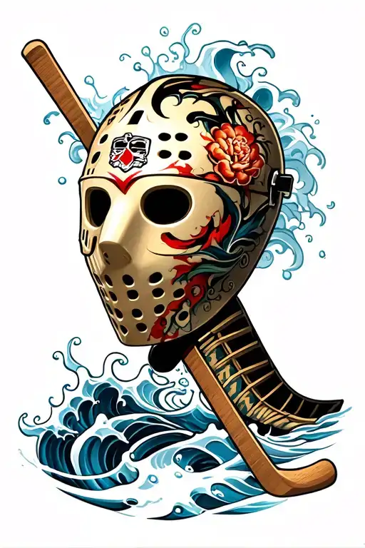 Half Goalie Mask With Goalie Stick And Water Waves