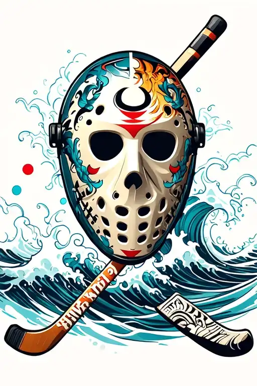 Modern Half Goalie Mask With Goalie Stick And Water Waves