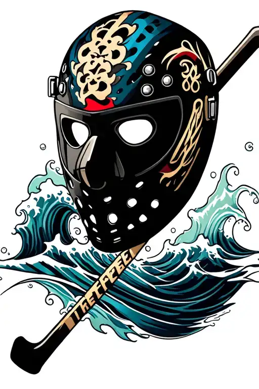 Half Modern Goalie Mask With Goalie Stick And Water Waves