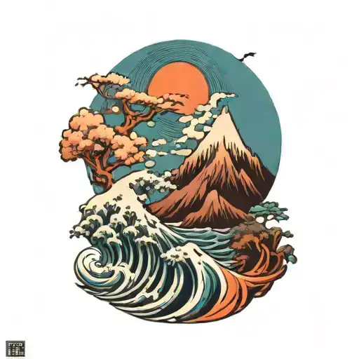 Create A Surreal Landscape Of Mountains Juxtaposed With Ocean Waves As A