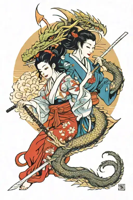 Dragon And Sexy Geisha Holding A Katana