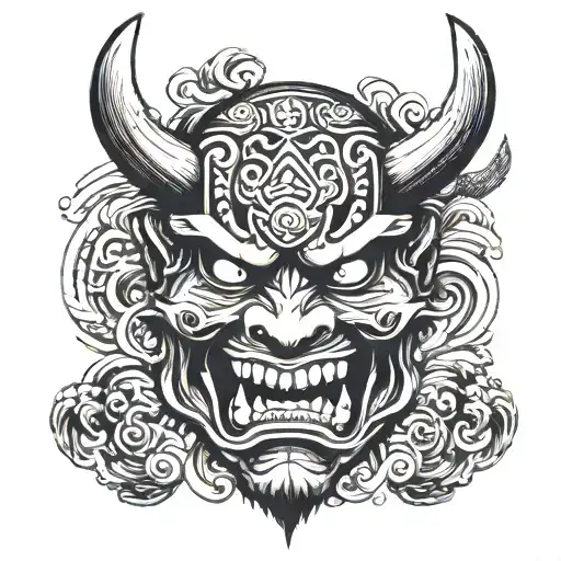 Samurai Demon Mask Surrounded By Swirling And Knife