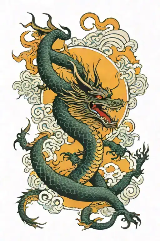 Rectangular Tattoo Chinese Inspiration Sun Temple Dragon