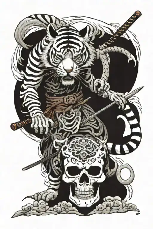 Tiger Protecting Samurai Skeleton