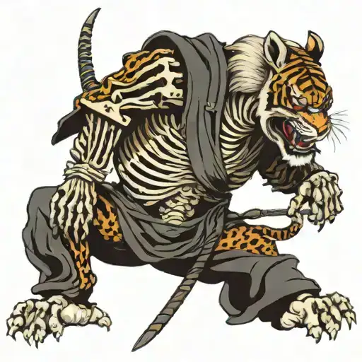 Wounded Samurai Skeleton Protected By Tiger