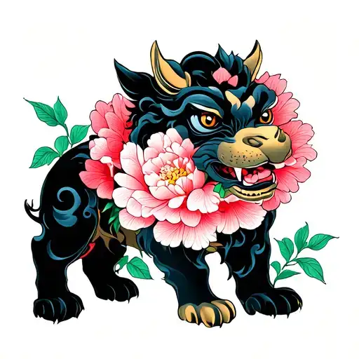 Foo Dog And Peonies