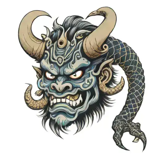 Japanese Oni Mask With 6 Horns 3 Eyes And Snake Wrapped