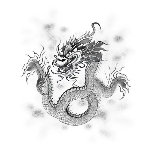 Chinese Dragon With Abstract Lines And Asian Flowers