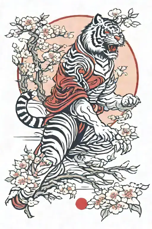 Tiger Coming From A Cherry Blossom Tree In The Background A Red Sun And A Samurai
