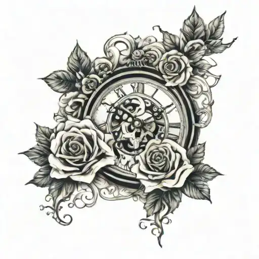 A Clock And Heart And Skull With Roses