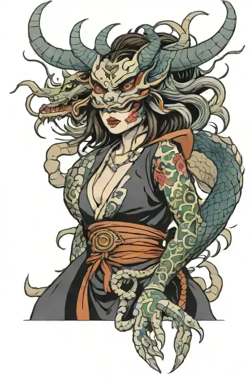 Female With Oni Mask And Dragon Wrapped