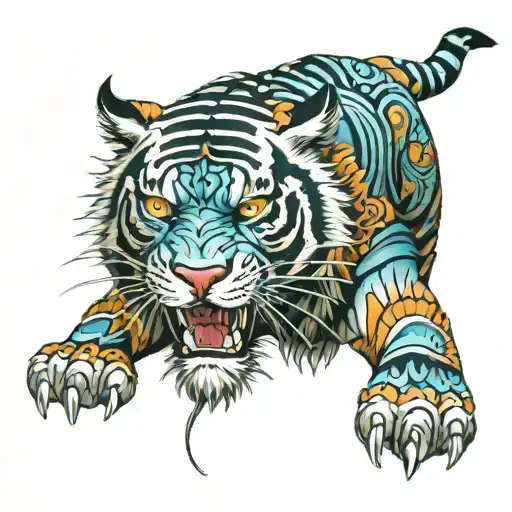 Biomechanical Polynesian Tiger Tattoo Calf Colored