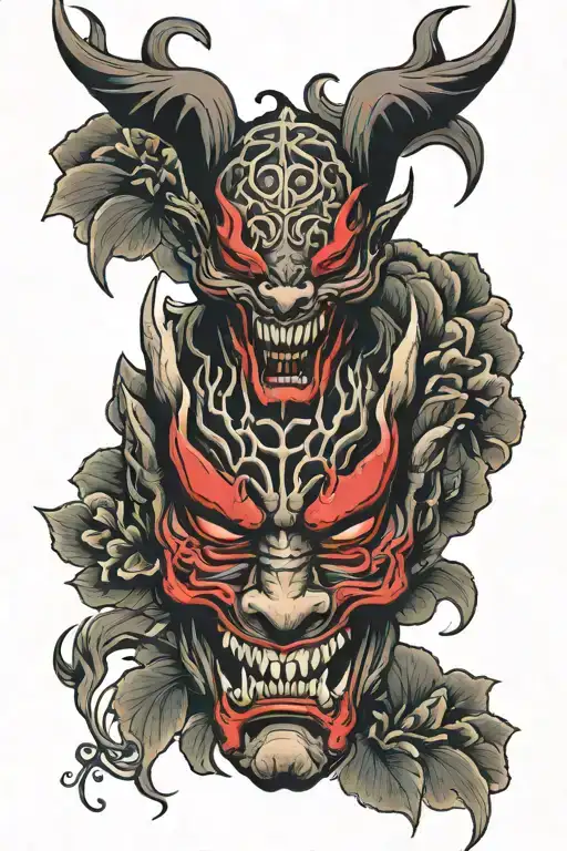 Split Oni Mask With Red Spider Lilys