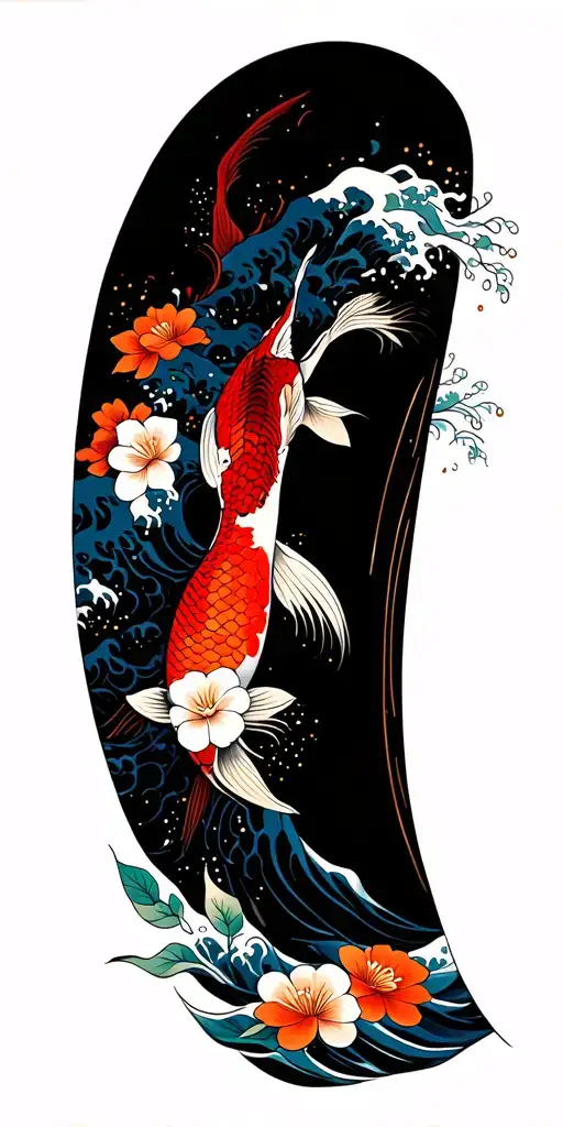 Great Wave With Koi And Flowers