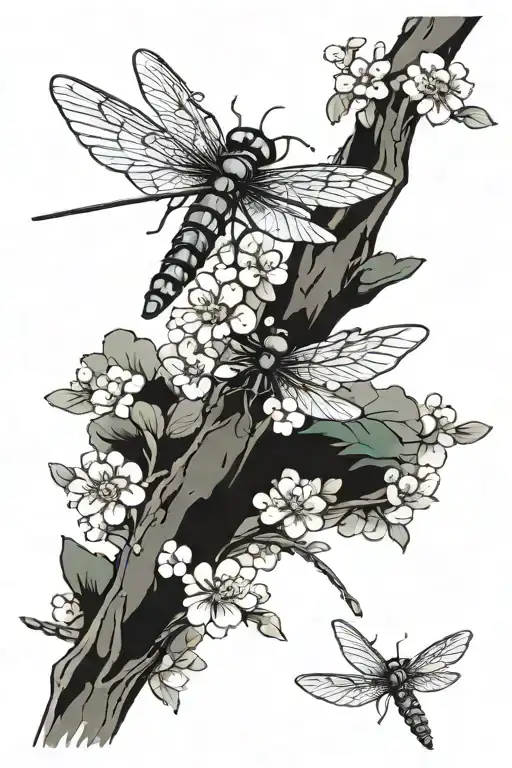 Sakura And Dragonfly Perched