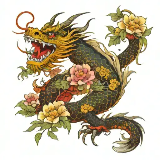 Japanese Dragon With Flowers