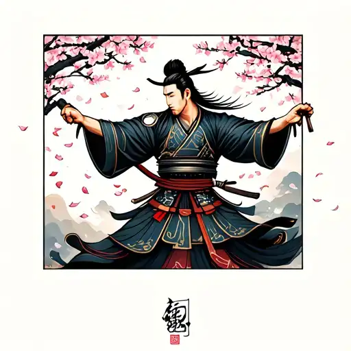 Samurai In Cherry Blossom Petals Falling