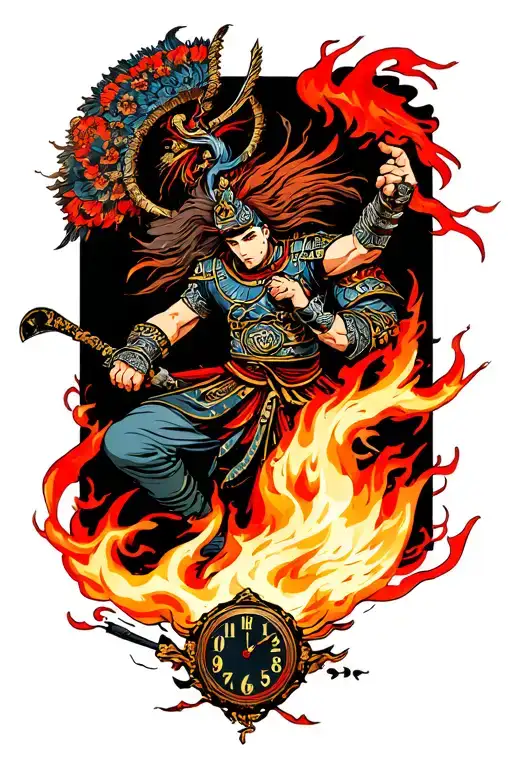 Warrior Fight With Time Piece And Fire
