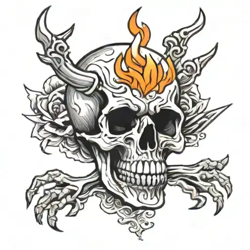 Skull With Burning Candle And Claws Holding The Head