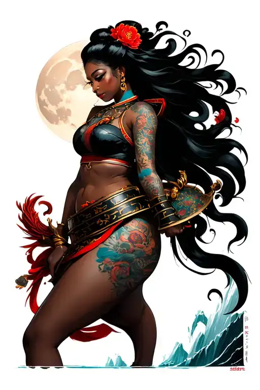 Beautiful Curvy Black Woman Taking Off Japanese Oni Armour Under A Moon Lit Waterfall