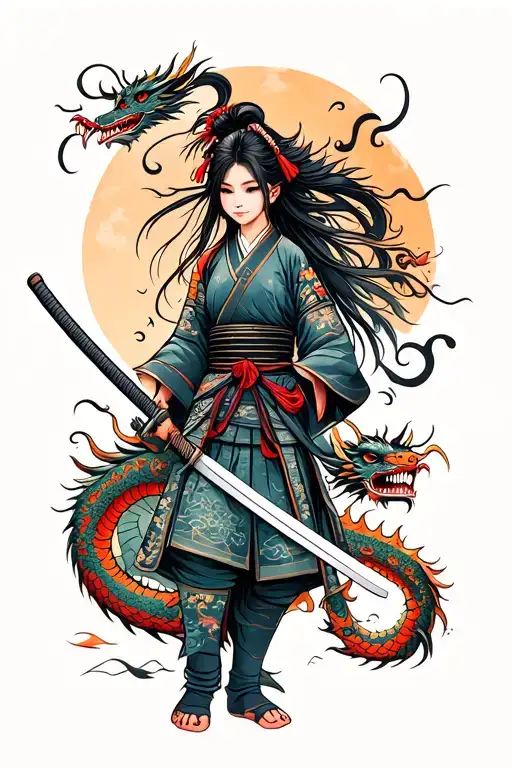 Girl Samurai With Katana And Dragon Where On Your