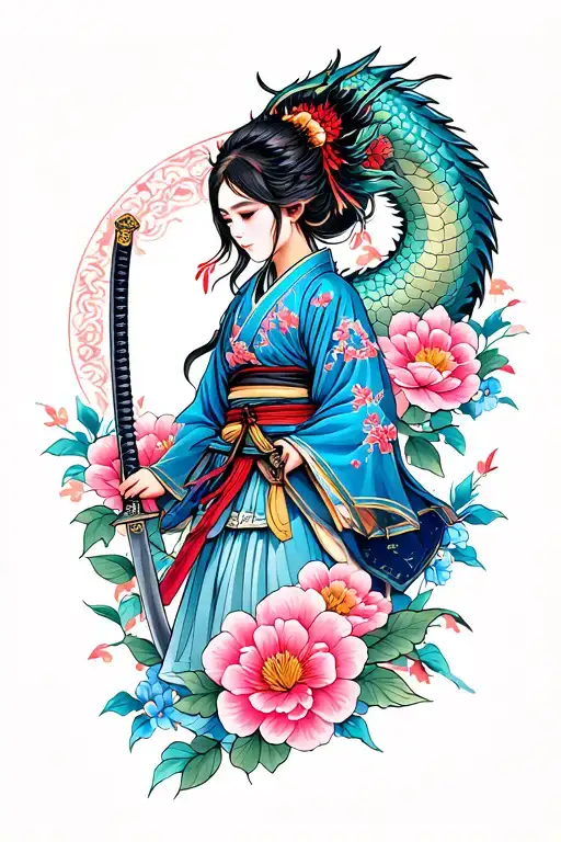 Girl Samurai With Katana And Dragon In Pink Blue Flowers