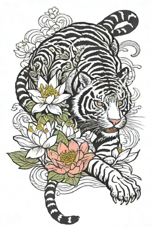 Tiger Walking On Lotus Flower Growing