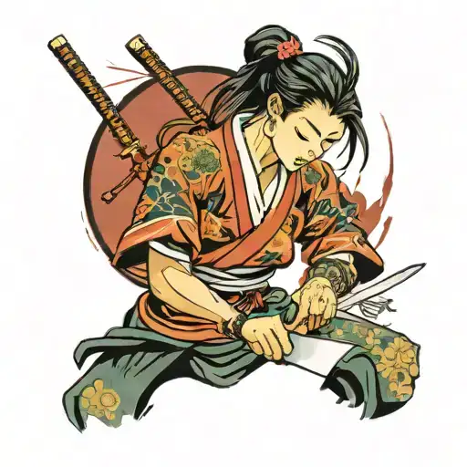 Female Samurai Cleaning Blood Off Sword Piercing