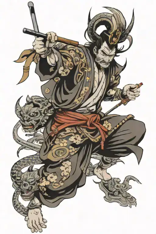 Japanese Samurai With Oni Mask