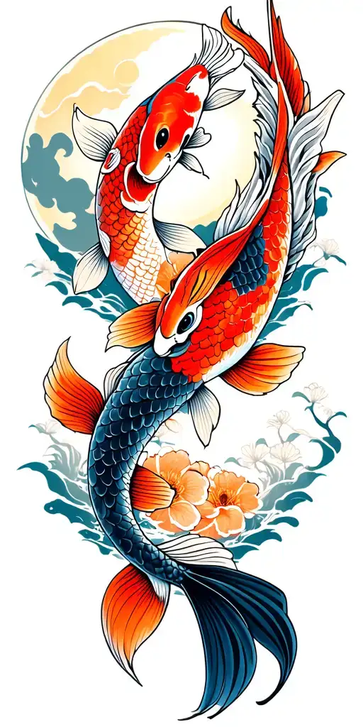 2 Koi Fish Samurai Blended Moon In The Background