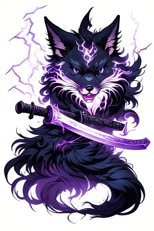 A Glowing Purple Katana With Lightning Around It And A Kitsune Spirit Floating
