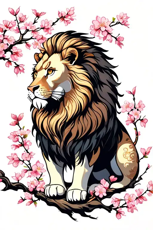 Lion Surrounded By Cherry Blossoms