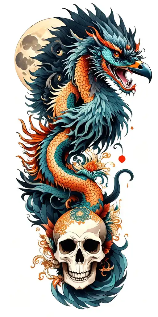 Chinese Dragon And Phoenix And Skull And Moon And Raven