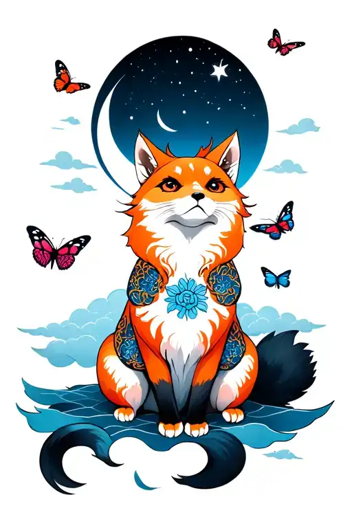 A Kitsune Sitting Looking Up At A Crescsnt Moon Surrounded By Japanese Clouds And Butterflies
