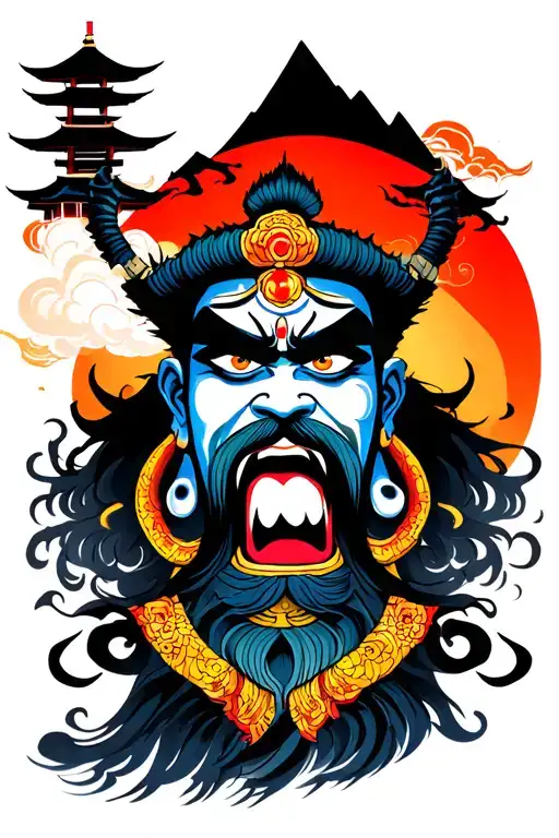 Angry Mahadev With Japanese Temple Mountain On The Background