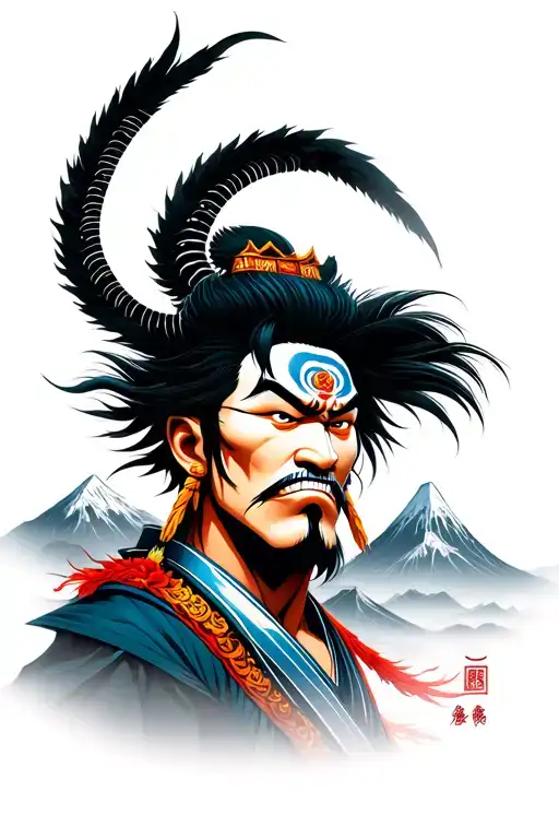 Angry Mahadev Realistic Face With Japanese Temple Mountain On The Background