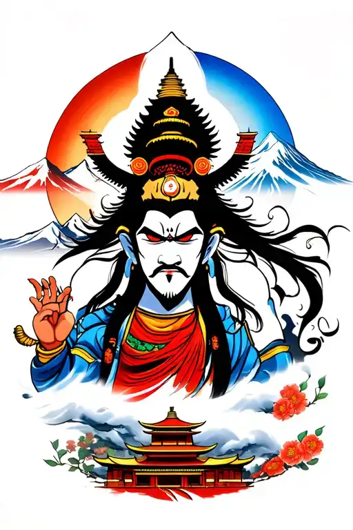 Angry Mahadev With Japanese Temple Mountain On The Background